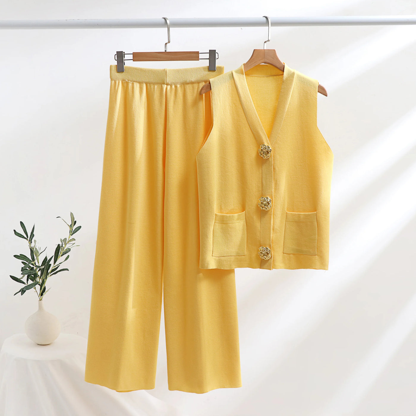 Arden Gold-Button Vest Set – Power Ease Edition