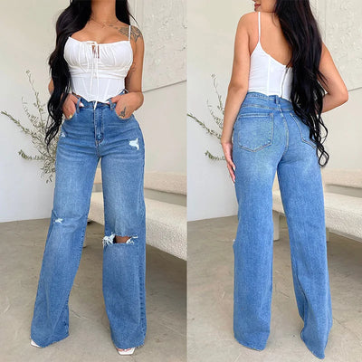 Raya Distressed Wide-Leg High Waist Jeans