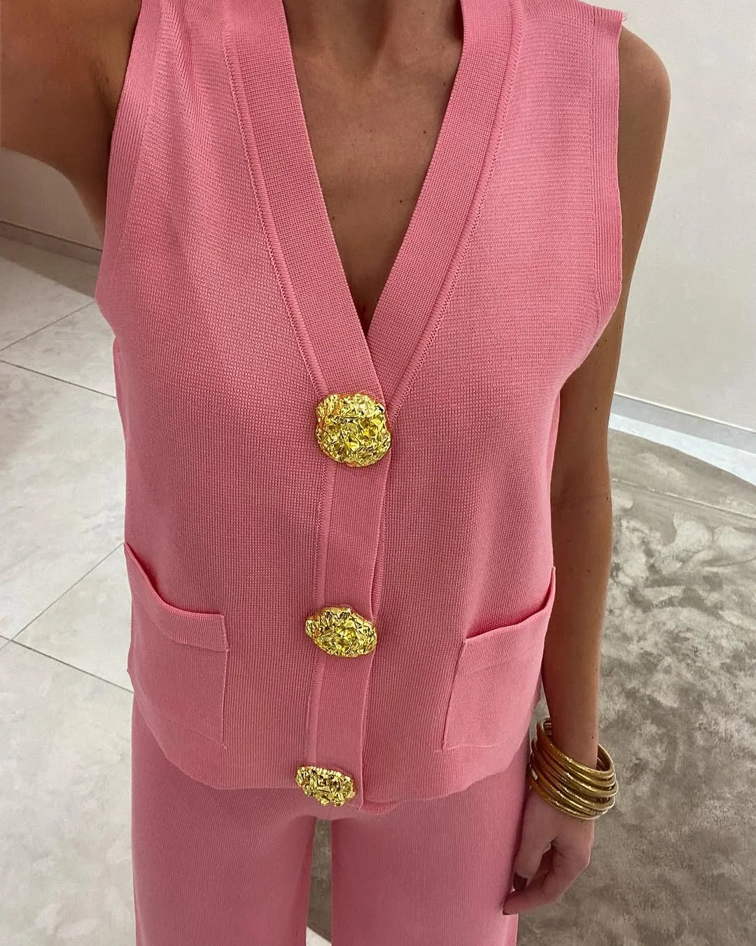 Arden Gold-Button Vest Set – Power Ease Edition