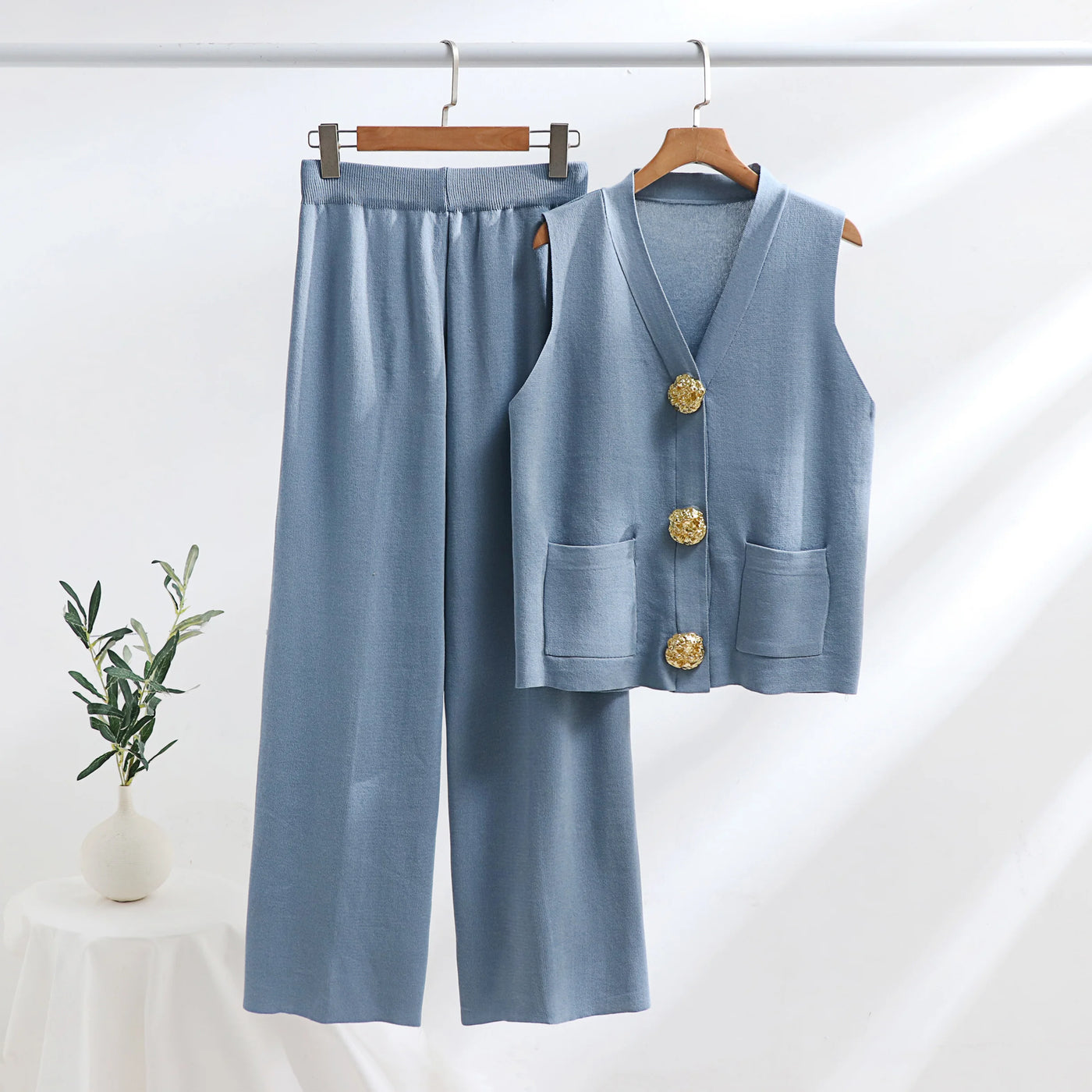 Arden Gold-Button Vest Set – Power Ease Edition