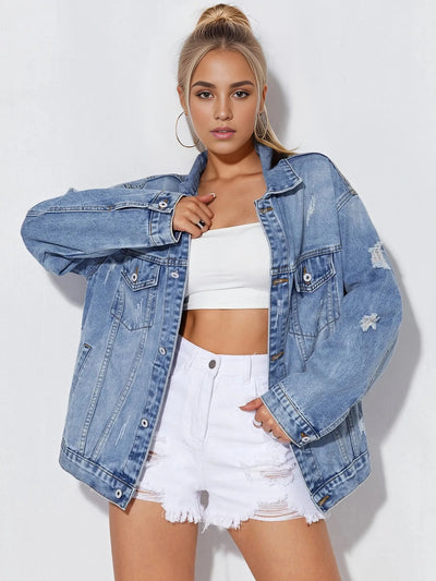 Tina Single Breasted Denim Holes Jackets