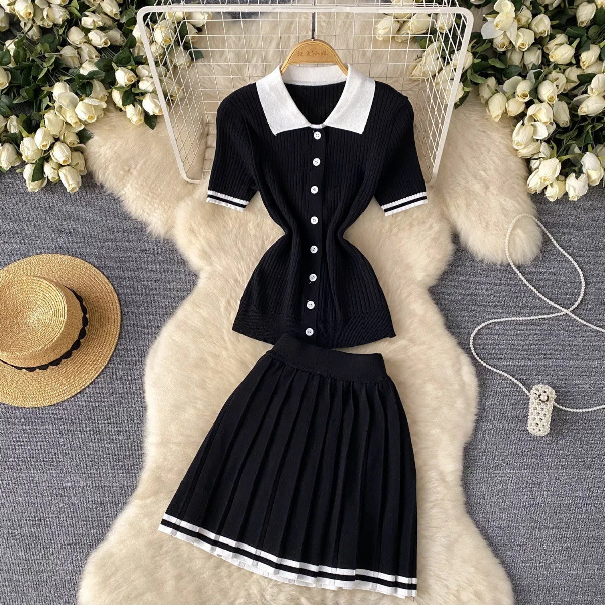 Luna Pleat Polo Set – Knit Mini Two-Piece