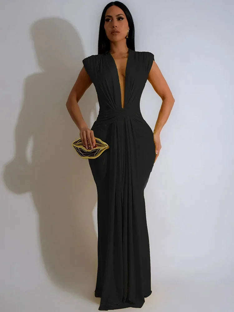 Nyra Ruched Maxi – Deep V Edition