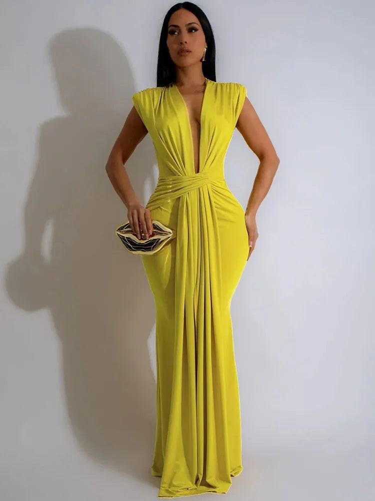 Nyra Ruched Maxi – Deep V Edition