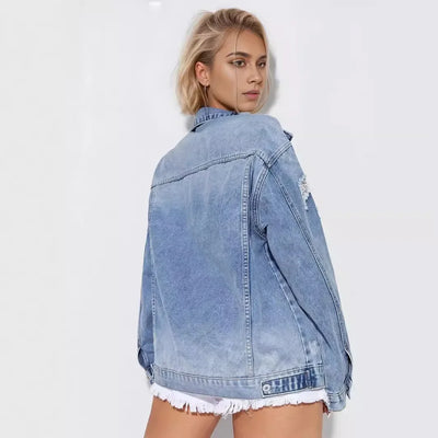 Tina Single Breasted Denim Holes Jackets