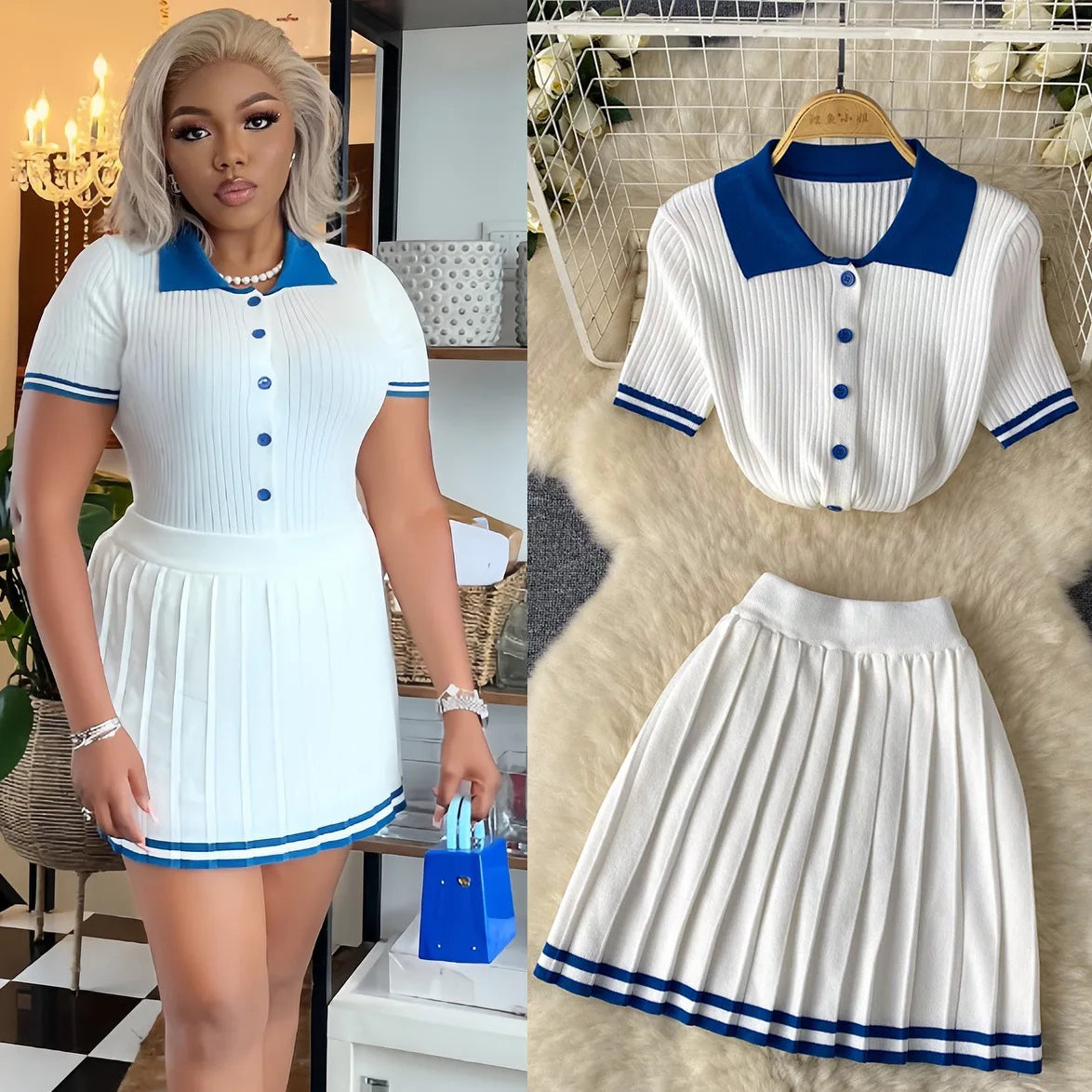 Luna Pleat Polo Set – Knit Mini Two-Piece
