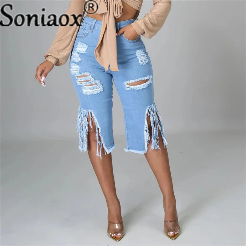 Sonia High Waist Ripped Denim Shorts