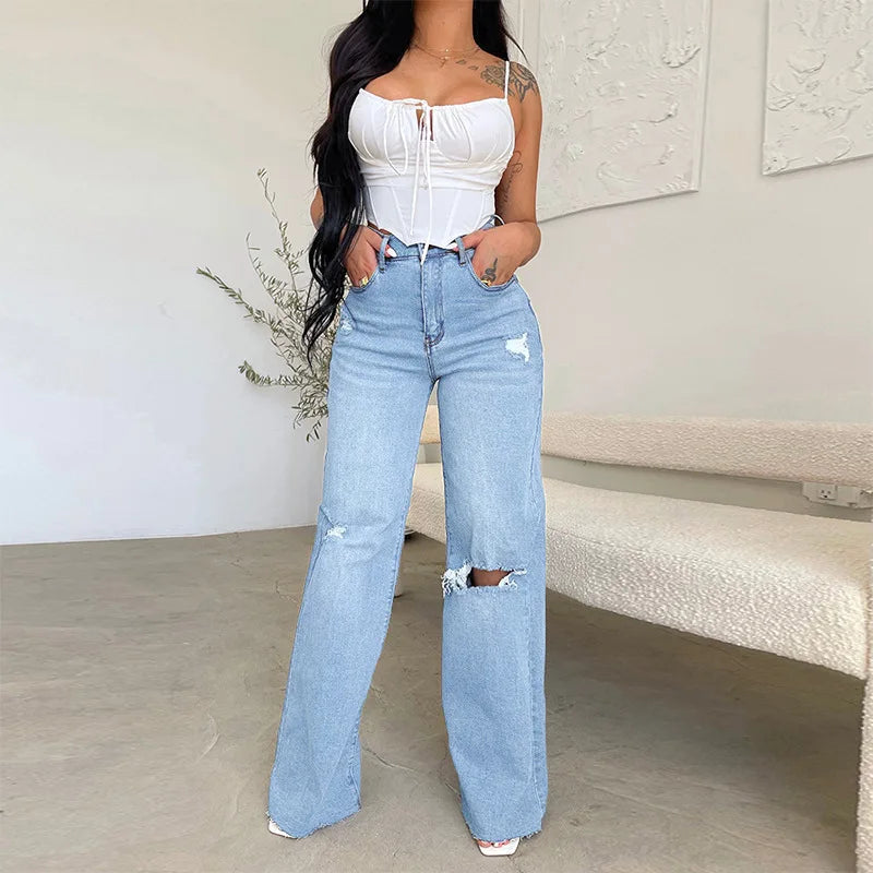 Raya Distressed Wide-Leg High Waist Jeans