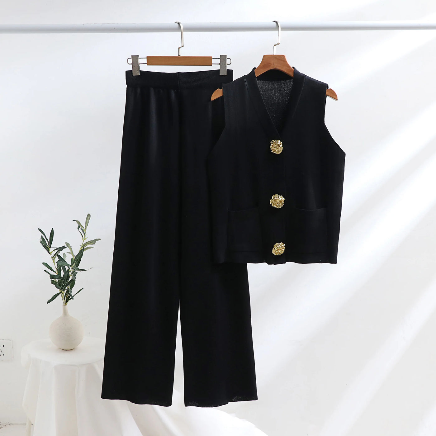 Arden Gold-Button Vest Set – Power Ease Edition