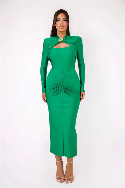 Kaia Ruched Cutout Maxi Dress– Metal Detail Edition