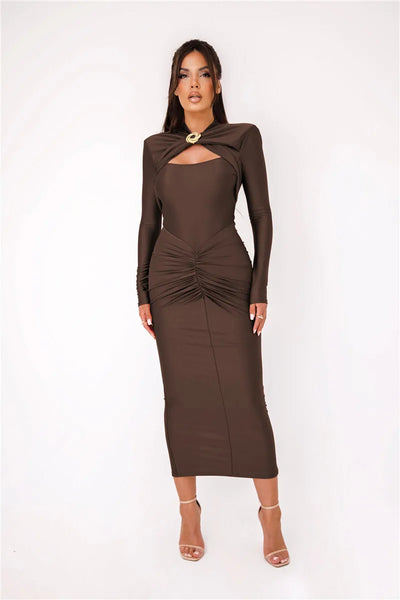 Kaia Ruched Cutout Maxi Dress– Metal Detail Edition