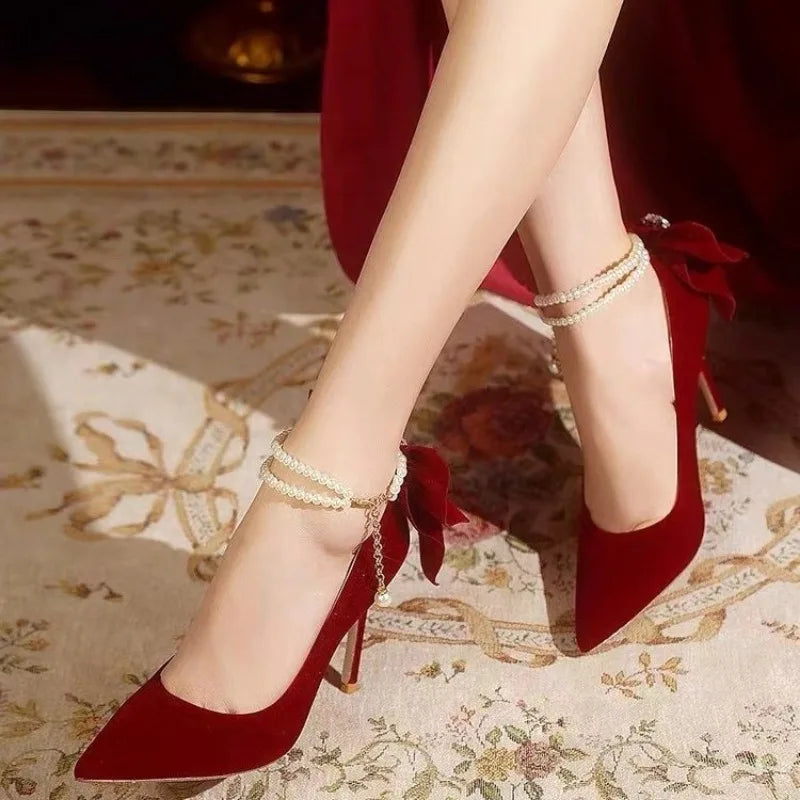 Elara Pearl Bow Heels –  Velvet Rouge Edition