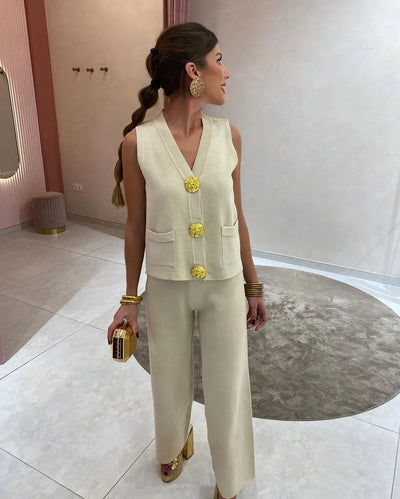 Arden Gold-Button Vest Set – Power Ease Edition