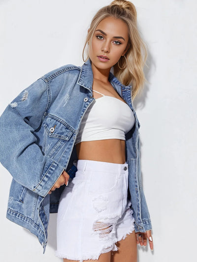 Tina Single Breasted Denim Holes Jackets