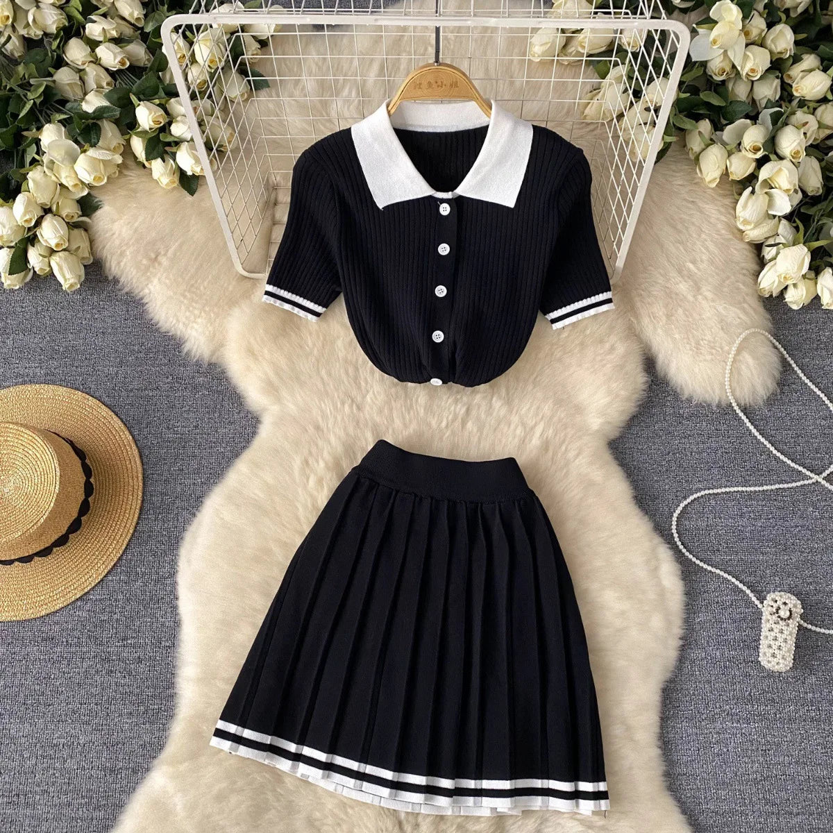 Luna Pleat Polo Set – Knit Mini Two-Piece