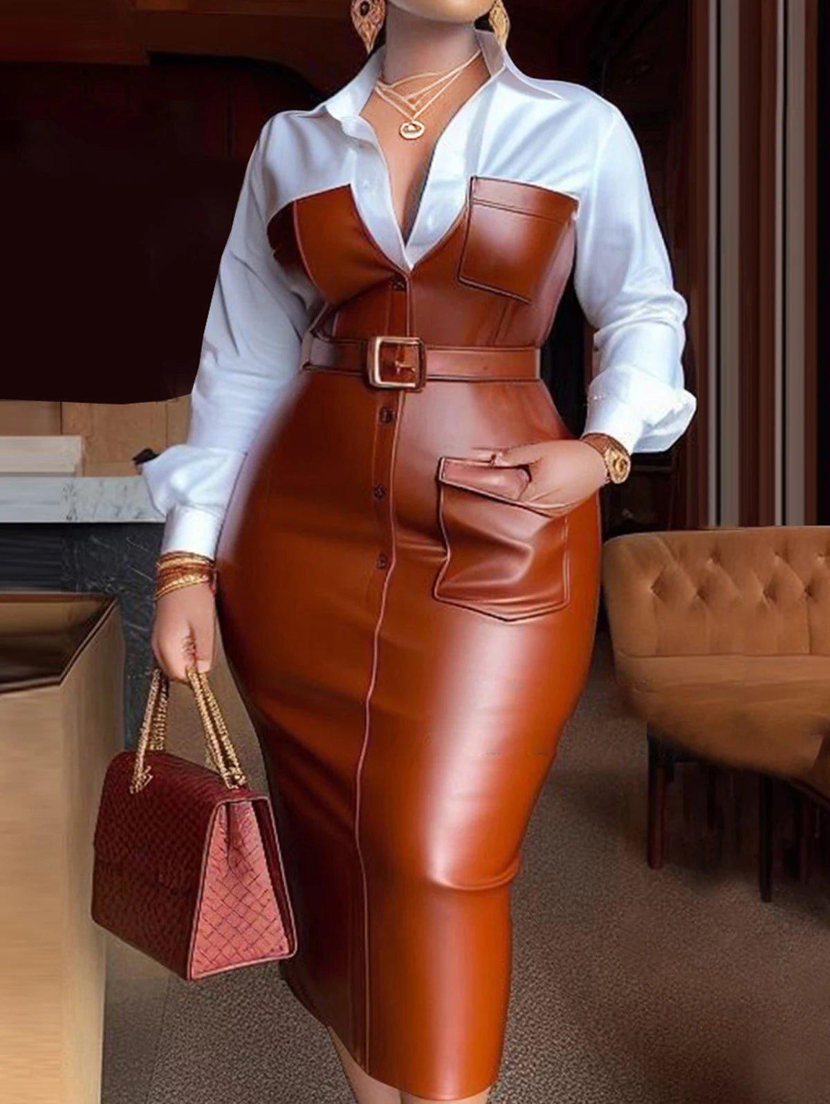 Mira Shirt Dress – PU Leather Patchwork Edition