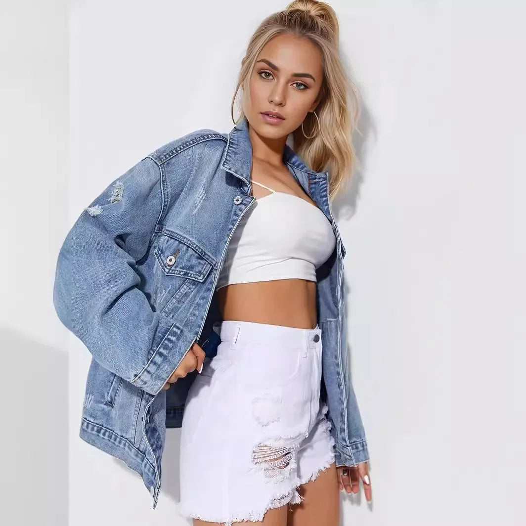 Tina Single Breasted Denim Holes Jackets
