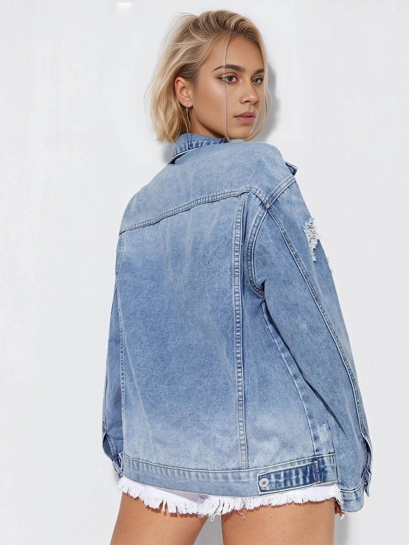 Tina Single Breasted Denim Holes Jackets