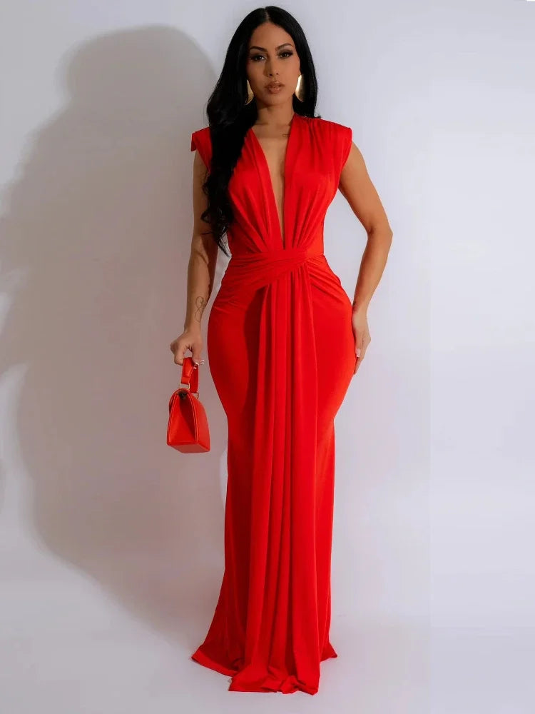 Nyra Ruched Maxi – Deep V Edition
