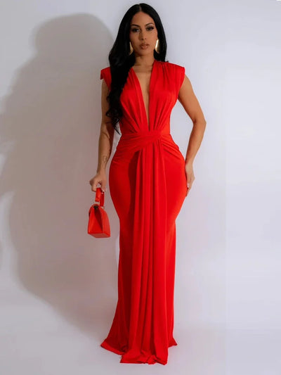 Nyra Ruched Maxi – Deep V Edition
