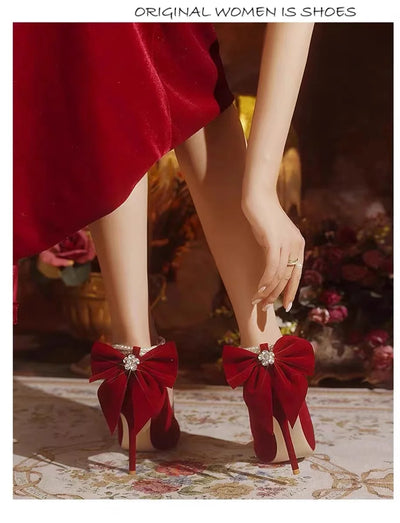 Elara Pearl Bow Heels –  Velvet Rouge Edition