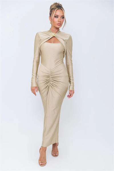 Kaia Ruched Cutout Maxi Dress– Metal Detail Edition