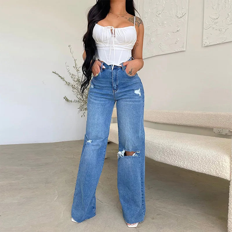 Raya Distressed Wide-Leg High Waist Jeans