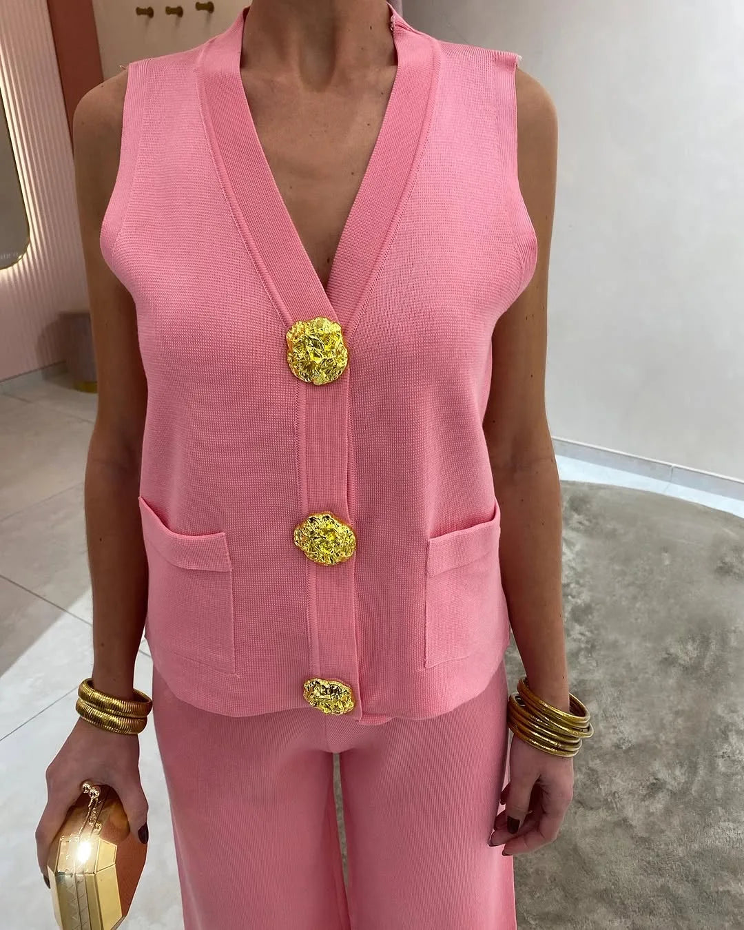 Arden Gold-Button Vest Set – Power Ease Edition