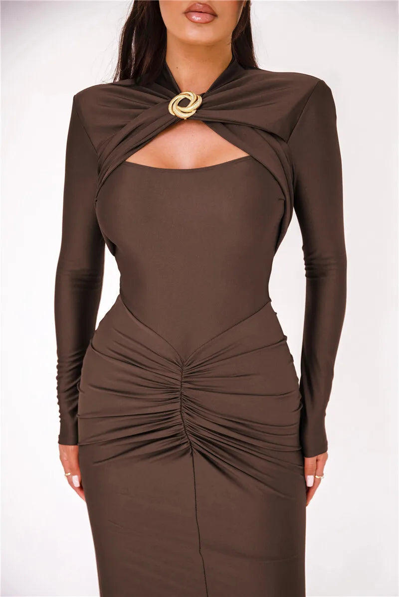 Kaia Ruched Cutout Maxi Dress– Metal Detail Edition