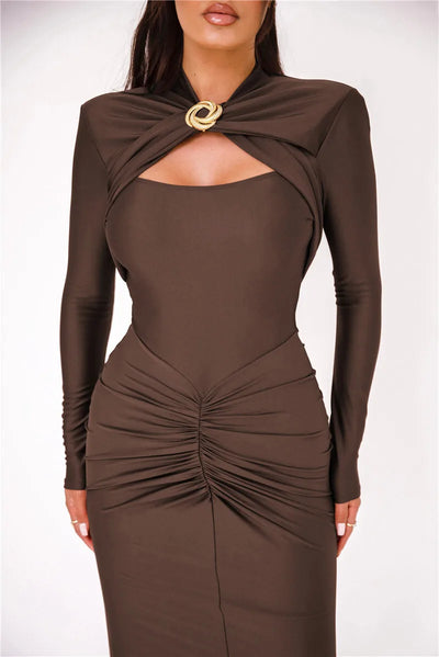 Kaia Ruched Cutout Maxi Dress– Metal Detail Edition