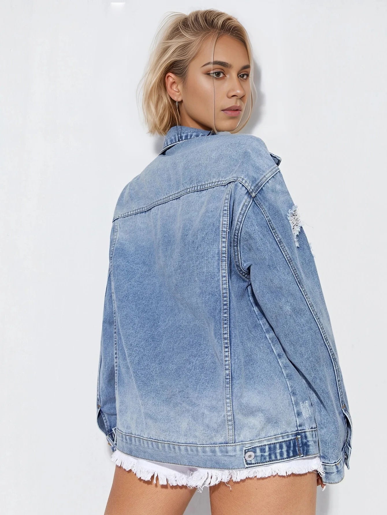 Tina Single Breasted Denim Holes Jackets