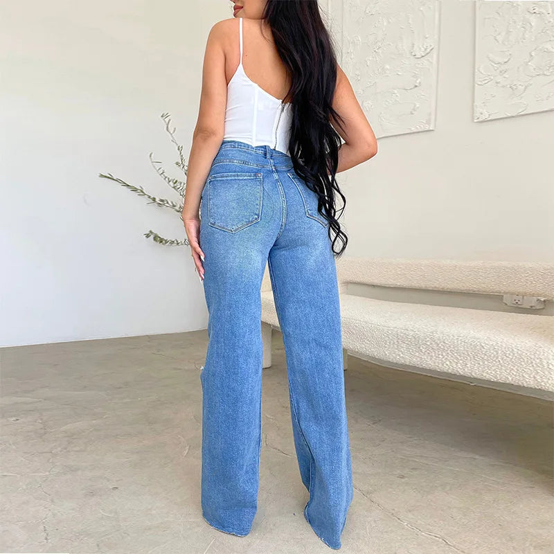 Raya Distressed Wide-Leg High Waist Jeans