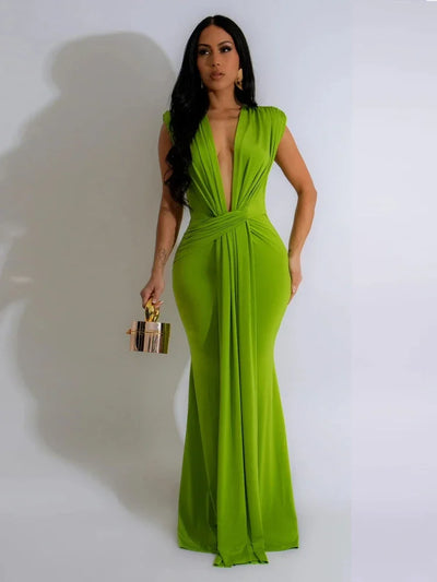 Nyra Ruched Maxi – Deep V Edition