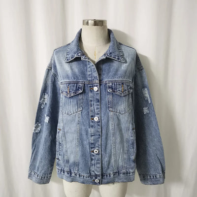 Tina Single Breasted Denim Holes Jackets
